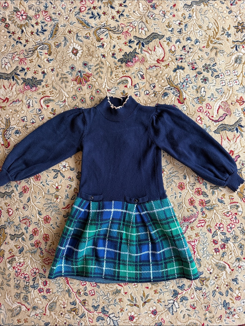 Janie and Jack Navy Knit Dress with Green & Blue Tartan Skirt